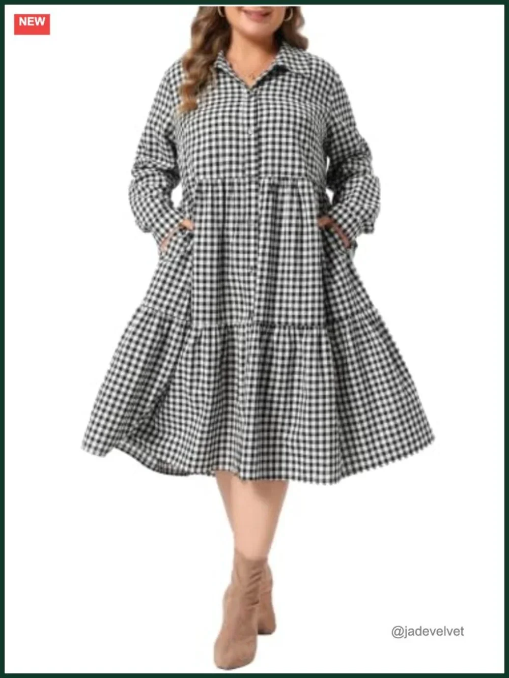 Plus Size Long Sleeve Gingham Midi Dress, Cotton Blend Button Down Vintage